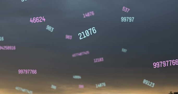 Animation of multiple changing floating over sunset sky