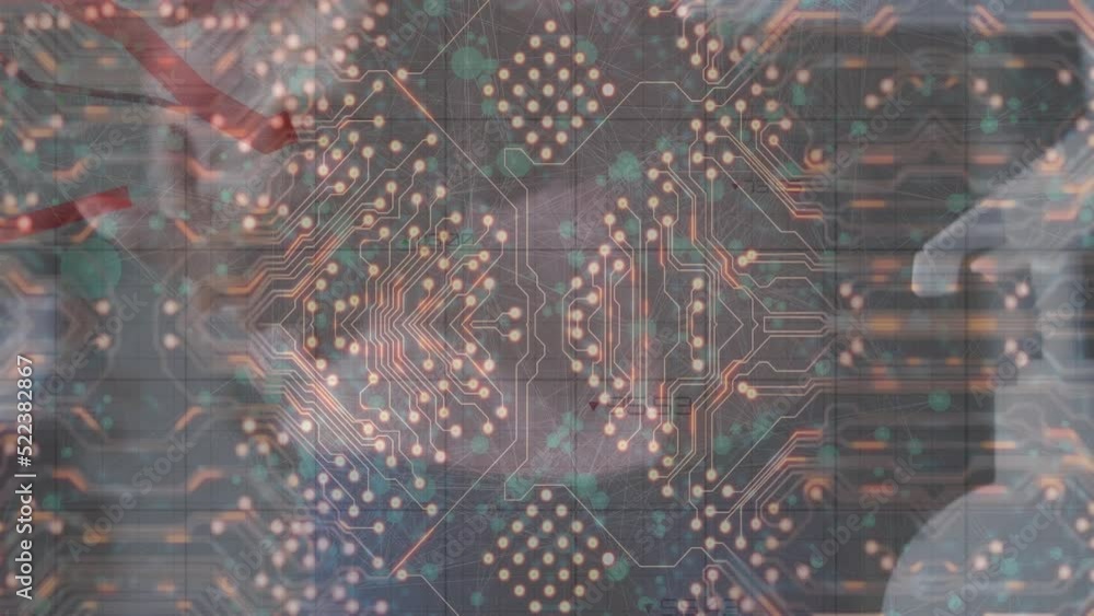 Poster animation of microprocessor connections and red graphs moving over close of hand using sanitizer