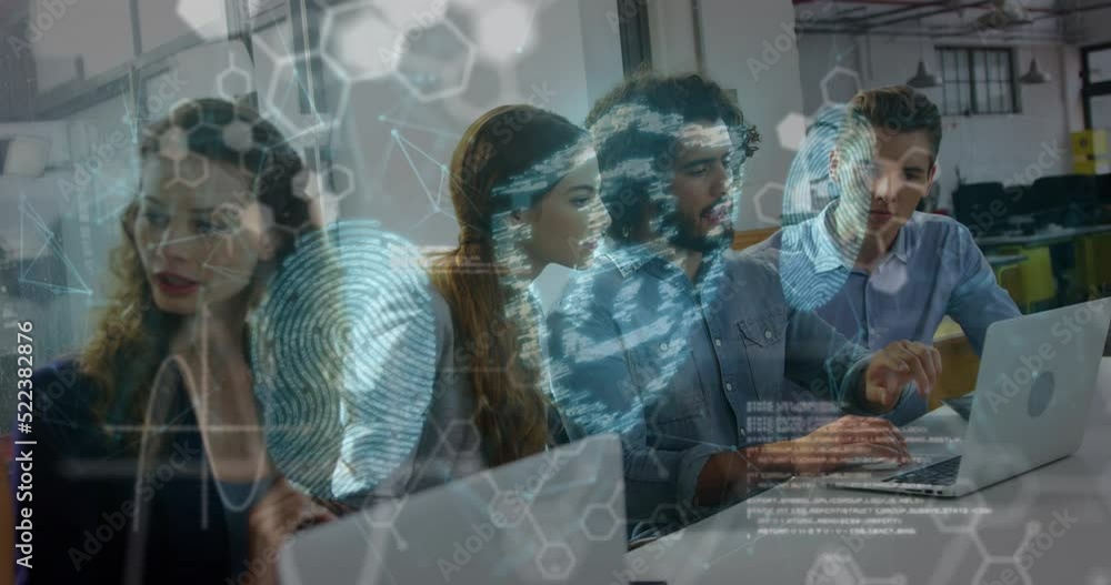 Poster animation of security padlock and fingerprint scanner over diverse colleagues discussing at office