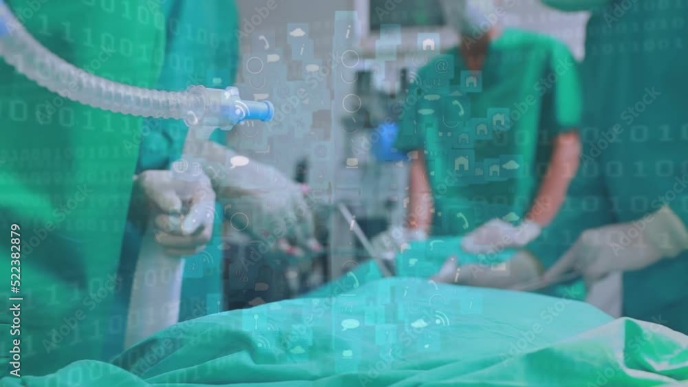 Poster animation of data processing over team of surgeons performing operation at hospital