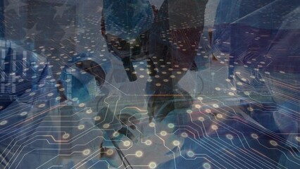 Animation of microprocessor connections over surgeons performing operation against city traffic - Powered by Adobe