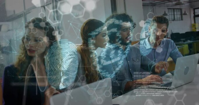 Animation of security padlock and fingerprint scanner over diverse colleagues discussing at office