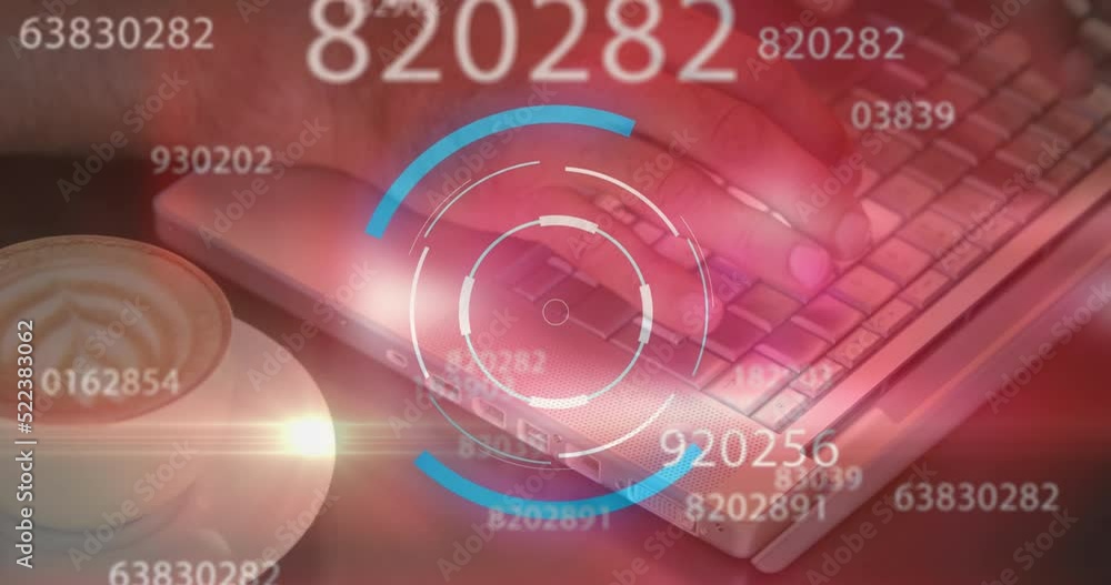 Poster animation of scope and numbers processing over caucasian man using laptop