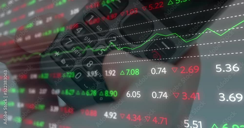 Poster animation of financial data processing over caucasian person using phone