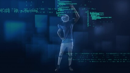 Animation of data processing over male rugby player against blue square shapes on black background - Powered by Adobe