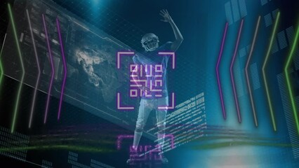 Animation of qr code scanner and interface with data processing over male rugby player - Powered by Adobe