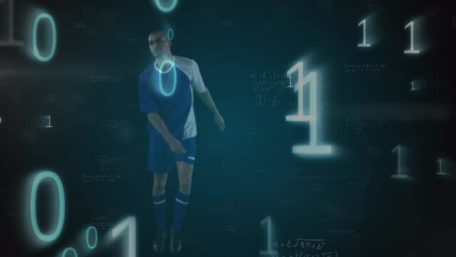 Animation of mathematical equations over biracial male soccer player kicking the ball