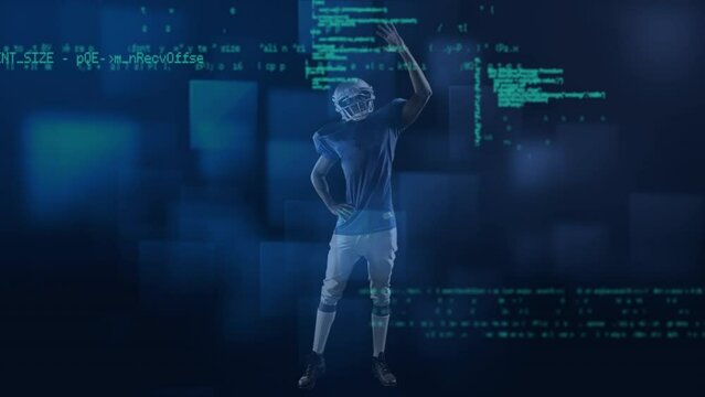 Animation of data processing over male rugby player against blue square shapes on black background - Powered by Adobe