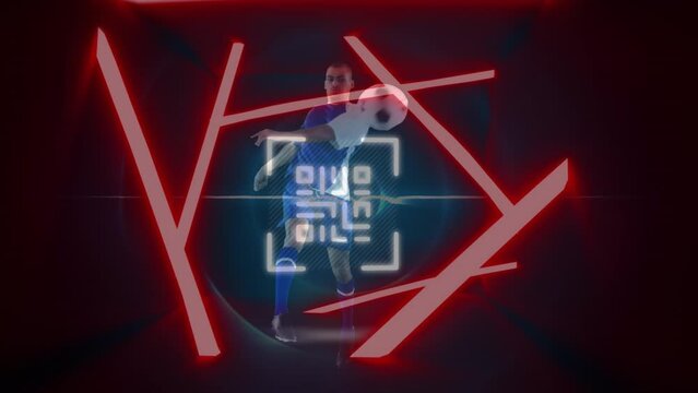 Animation of neon qr code over biracial male soccer player kicking the ball against black background - Powered by Adobe