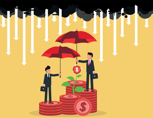 Financial savings insurance. Two businessman with umbrella red protecting arrows rain in economy crisis or market crash