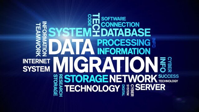 Data Migration animated tag word cloud;text design animation kinetic typography seamless loop.