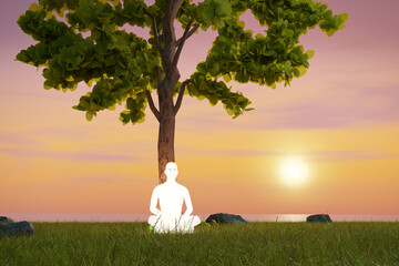Meditation person sitting in yoga lotus asana position meditate near lone tree on sea shore on sunset. Mindfulness and self awareness practice. Beautiful scenery landscape. 3D rendering