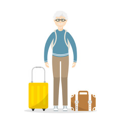 Cartoon human design, Elderly man to travel on isolated background, Vector illustration.