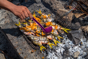 Grilled fish sprinkled with spices on a stone grill