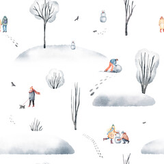 Watercolor hand drawn seamless pattern. Snowy walk in the forest landscape with walking people in the park, trees, snowman, snowdrifts. New year elements isolated on white background. Winter scene.