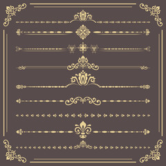 Vintage set of vector decorative elements. Horizontal separators in the frame. Collection of different ornaments. Classic brown and golden patterns. Set of vintage patterns