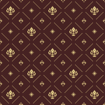 Seamless vector pattern. Modern geometric ornament with royal lilies. Classic brown and golden background
