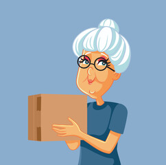 Senior Woman Holding a Cardboard Box Vector Cartoon Illustration. Happy granny receiving a mail package as a gift 

