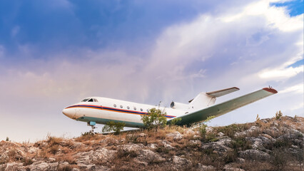 Old abandoned airline plane on the shore of Lake Sevan. Armenia