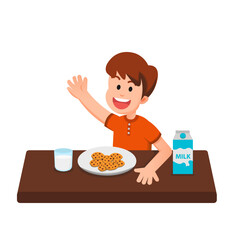 a happy boy with his cookies and milk