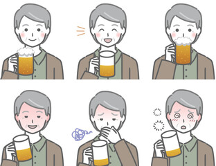 お酒を飲む私服の高齢男性