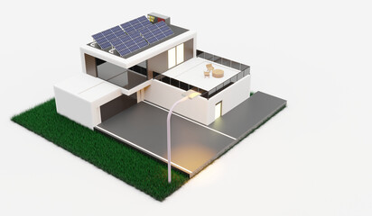 smart home solar photovoltaic home Energy Saving Ecosystem Isometric Solar Home System Diagram solar energy 3d illustration