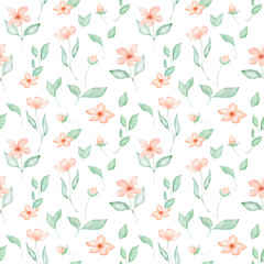 Watercolor floral seamless pattern with pink flowers and leaves. Spring colorful decor with illustrations on white background