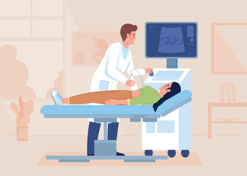 Sonographic research of patient abdomen flat color vector illustration. Professional examining equipment. Fully editable 2D simple cartoon characters with clinic office on background