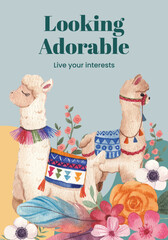 Poster template with cute boho alpaca concept,watercolor style