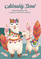 Obraz na płótnie Canvas Poster template with cute boho alpaca concept,watercolor style
