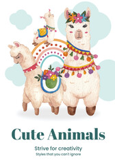 Poster template with cute boho alpaca concept,watercolor style