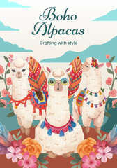 Fototapeta premium Poster template with cute boho alpaca concept,watercolor style