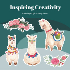 Sticker template with cute boho alpaca concept,watercolor style