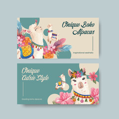 Twitter template with cute boho alpaca concept,watercolor style