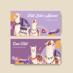 Twitter template with cute boho alpaca concept,watercolor style © photographeeasia