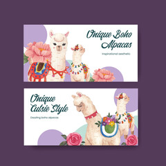 Fototapeta premium Twitter template with cute boho alpaca concept,watercolor style