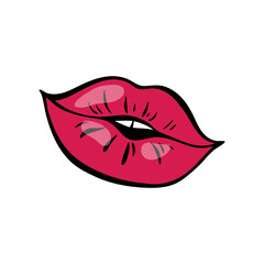 Bright red female lips in retro pop art style. Mouth with a slight smile. Vector illustration.