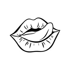 Contour of female lips in retro-pop art style. Mouth with tongue sticking out. Vector contour illustration.