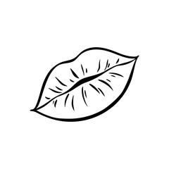 Сontour of female  lips in retro-pop art style. Mouth with pouting lips. Vector outline illustration.