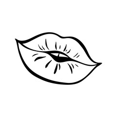 Contour of female lips in retro-pop art style. Mouth shaped like a smile. Vector contour illustration.