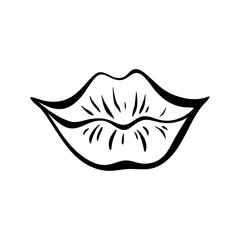 Contour of female lips in retro-pop art style. Mouth shaped like a smile. Vector contour illustration.