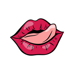 Bright red female lips in retro pop art style. Mouth with tongue sticking out. Vector illustration.
