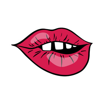 Bright red female lips in retro pop art style. An open mouth with a lip bitten by teeth. Vector illustration.
