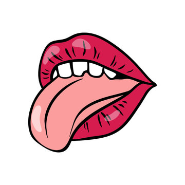 Bright red female lips in retro pop art style. An open mouth with protruding tongue and teeth. Vector illustration.
