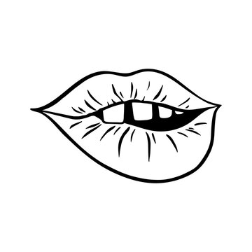 recommend clip art: Сontour of female lips in retro-pop art style. Mouth with a bitten lip. Vector contour illustration.