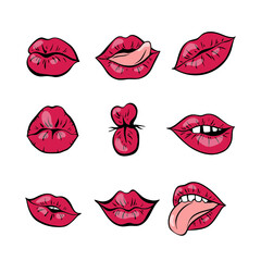 Set of red female lips with retro pop art style. Mouth with a kiss, a smile, a tongue, teeth. Vector illustration.