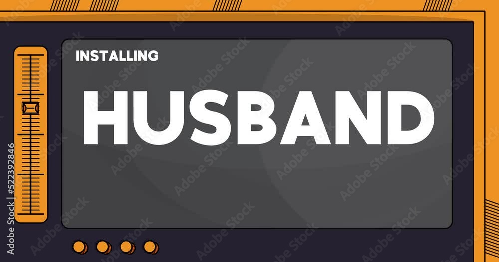 Poster cartoon computer with the word husband. video message of a screen displaying an installation window.