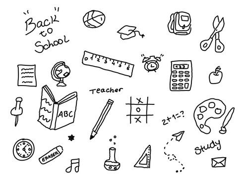 Back to school doodle icons. Vector illustration of different school related objects. Real authentic drawing made by children.