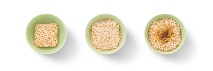Yellow noodles with condiment collection in green cup isolated on white background , top view , flat lay. clipping path.