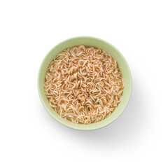 Yellow noodles with condiment in green cup isolated on white background , top view , flat lay.